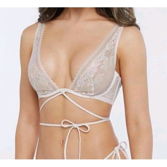 Savage x Fenty Caged Bra Size 34DD Unlined Floral Lace Beige Strappy Waist Tie - Picture 3 of 13